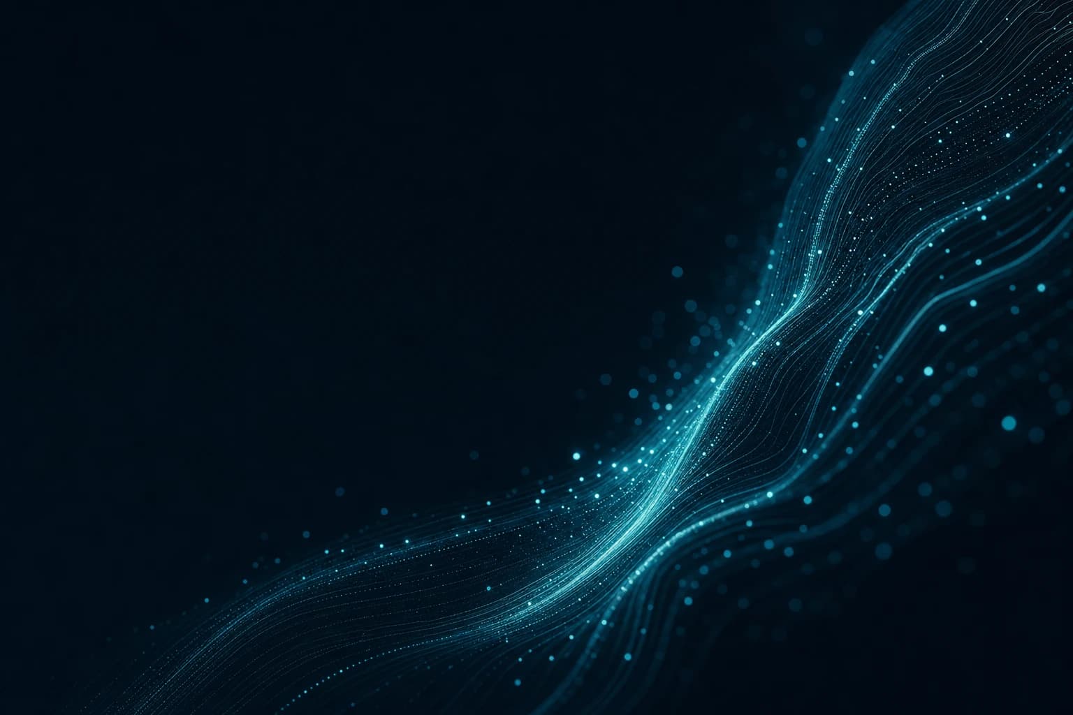 Luminous teal search signals moving across a dark field